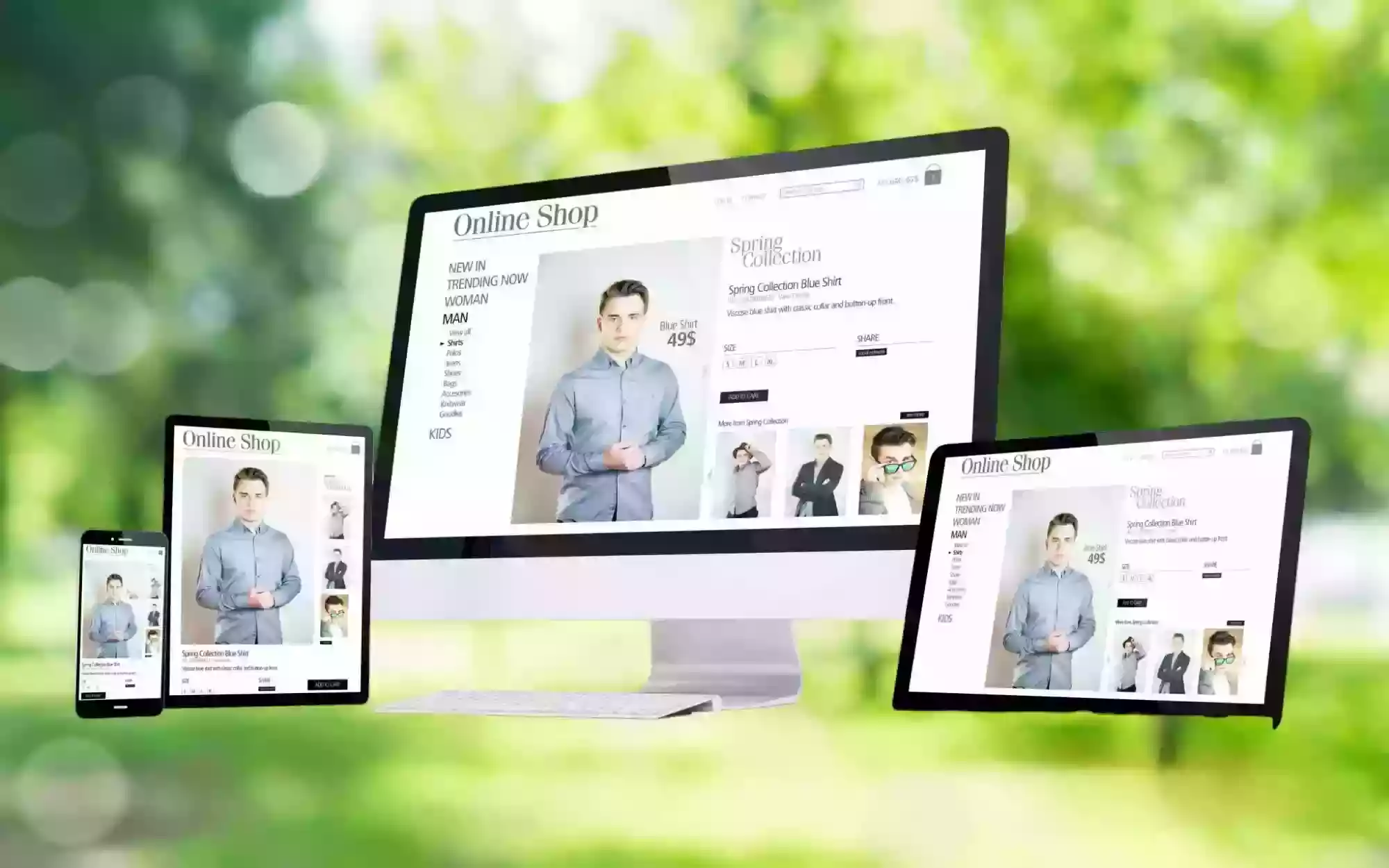"Computer, two tablets and a phone all showing the same website"