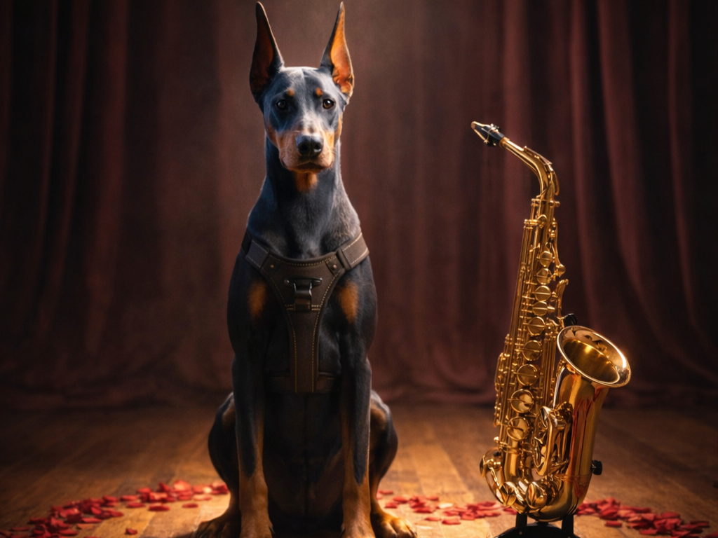 Blue Doberman seated on a stage beside a saxophone under warm stage lighting